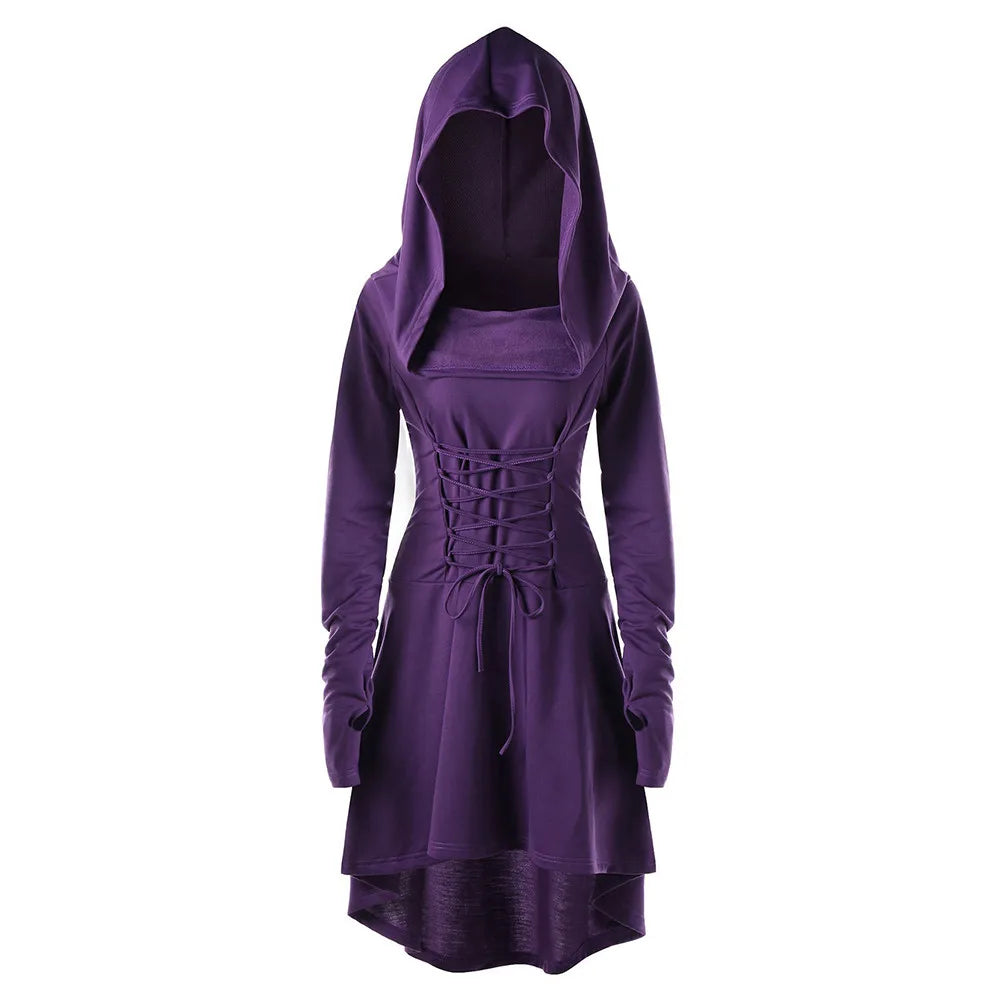 Vintage Women Cosplay Costume Medieval Lace Up Hooded Pullover For Women Victorian Casual High Low Bandage Long Dress Cloak