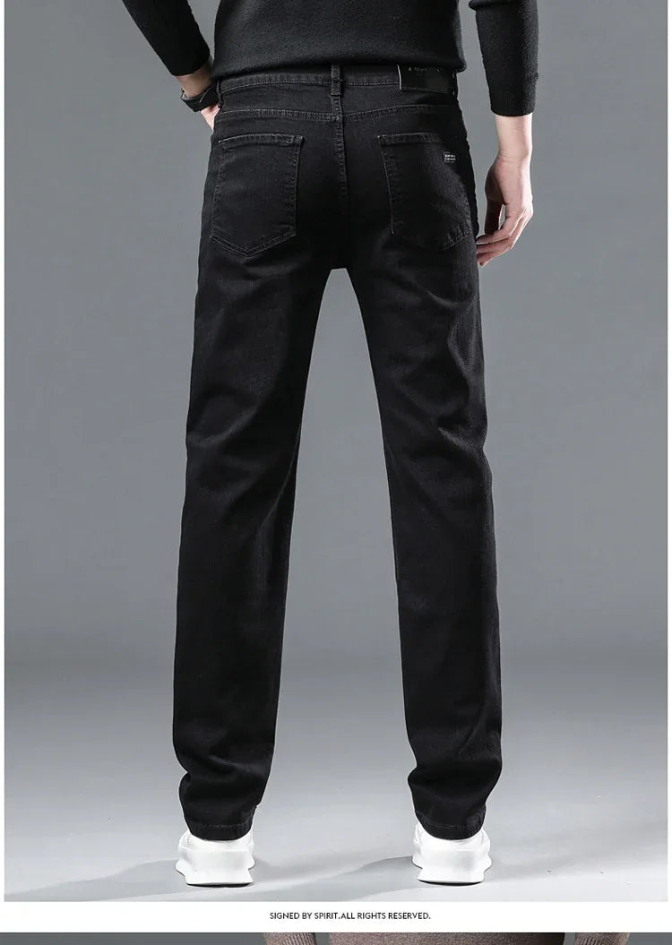 2025 Spring New Men's Straight Jeans Elastic Pant Classic Smoke Gray Casual Wear Mid Waist Casual Trousers Black Male Brand