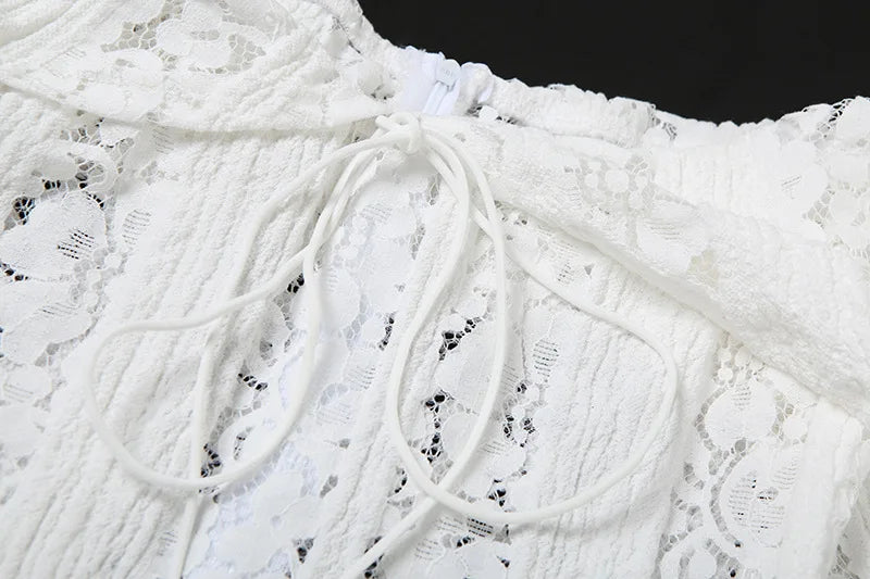 Sexy Women Hollow Out Slash Neck Lace Flared Sleeve Long Dress Elegant Laced Up Slim Fit Robes New Lady Evening Party Vestidos