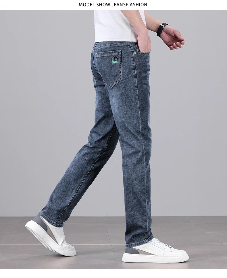 Men's Ultra-thin Stretch Casual Jeans New for Summer Business Fashion Straight Baggy Denim Trousers Blue Classic Style Male