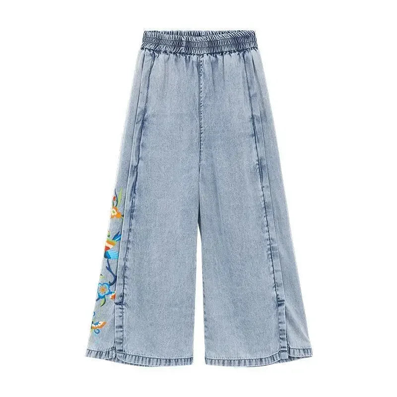 Jeans for Women Capris Embroidered Summer Elastic Waist Wide Leg Pants High Korean Women's Vintage Baggy Denim Popular Clothes