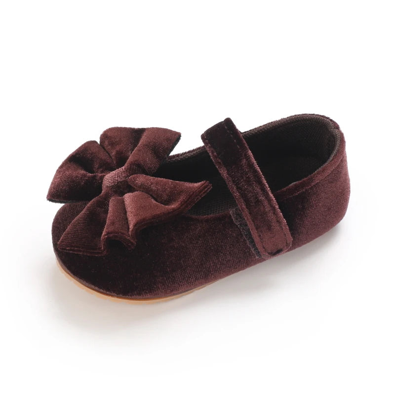 Spring and Autumn Newborn Flannelette Princess Shoes Baby Girls Bow Flat Shoes Toddler Baby Soft Rubber Sole First Walking Shoes