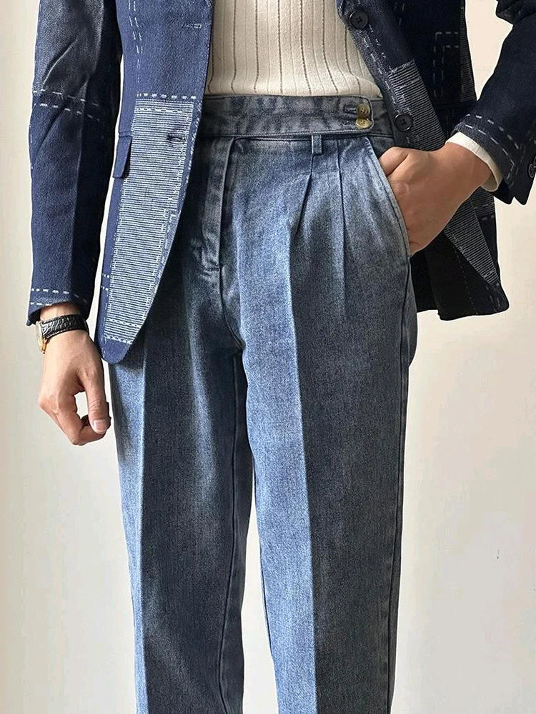 Naples Jean Trousers For Men 2024 Fall Trendy Solid Color Washed Denim Pants Mens Stylish Slim Fit Draped Design Straight Jeans
