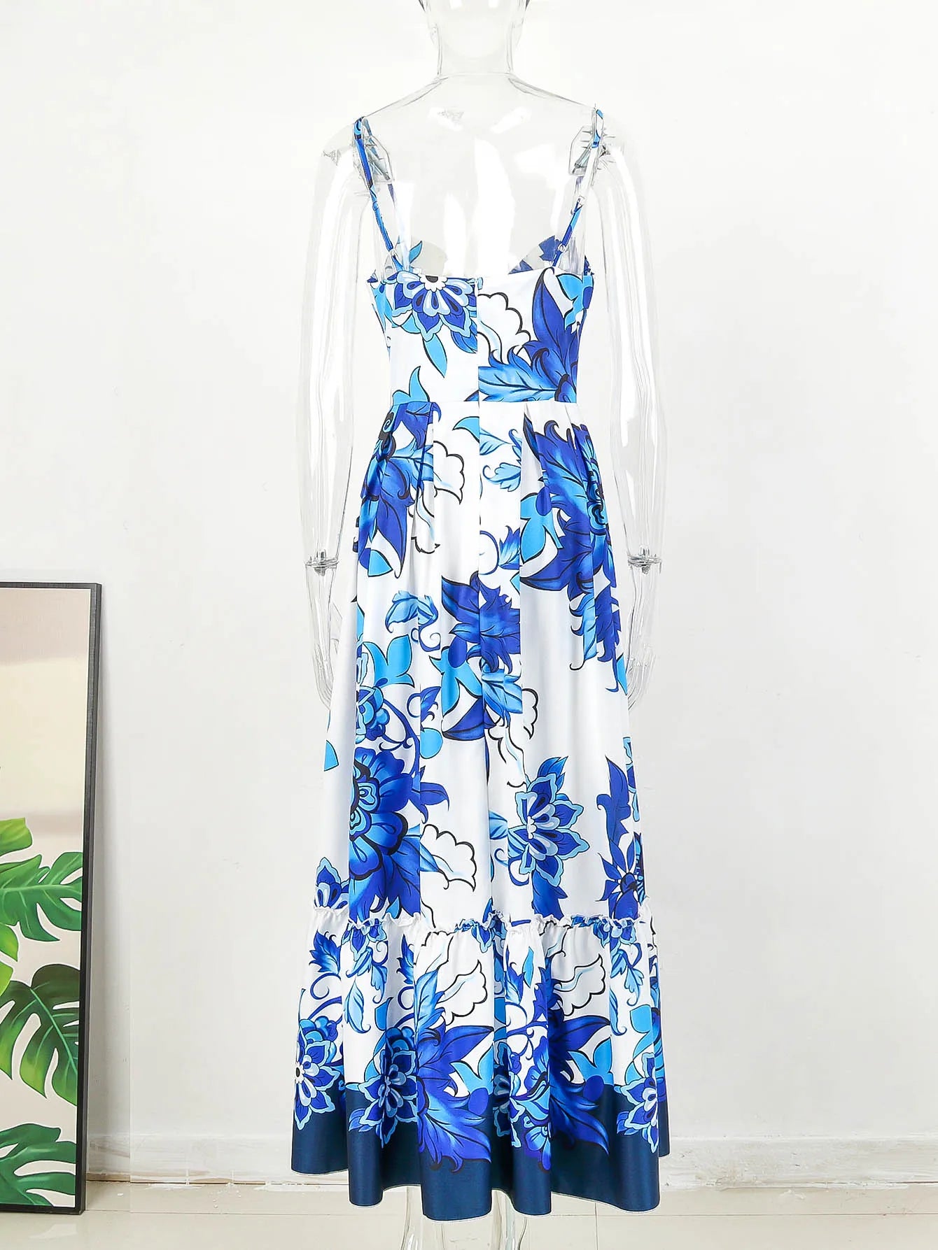 2024 Summer Print Long Dress Women Clothing Lace Up Sling Party Dresses Pattern Strappy Ladies Hollow Out V-Neck Beach Vestidos