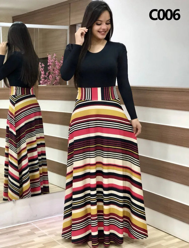 Elegant Women's Long Dress Flower Retro Printed Patchwork Long Sleeve Banquet Maxi Robe S-5XL