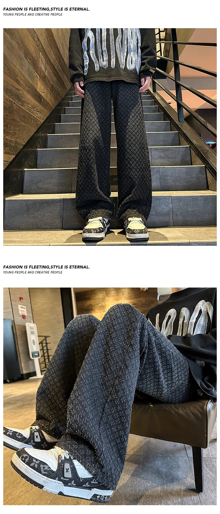 2024 Jeans men Fashion hombre Jacquard Pattern Denim Pants Male Straight Fitting Baggy Bottoms Distressed Wide Jeans For Men