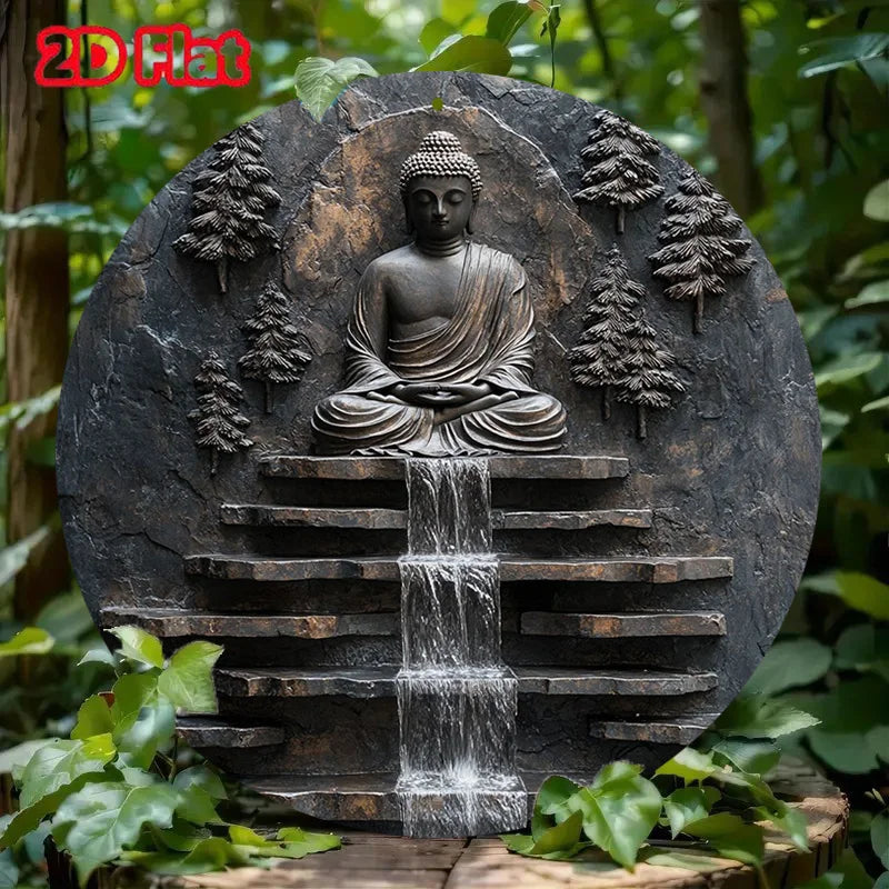 Décoration murale en métal représentant un Bouddha en méditation vintage, avec un moine serein et une cascade. Décoration murale pour jardin
