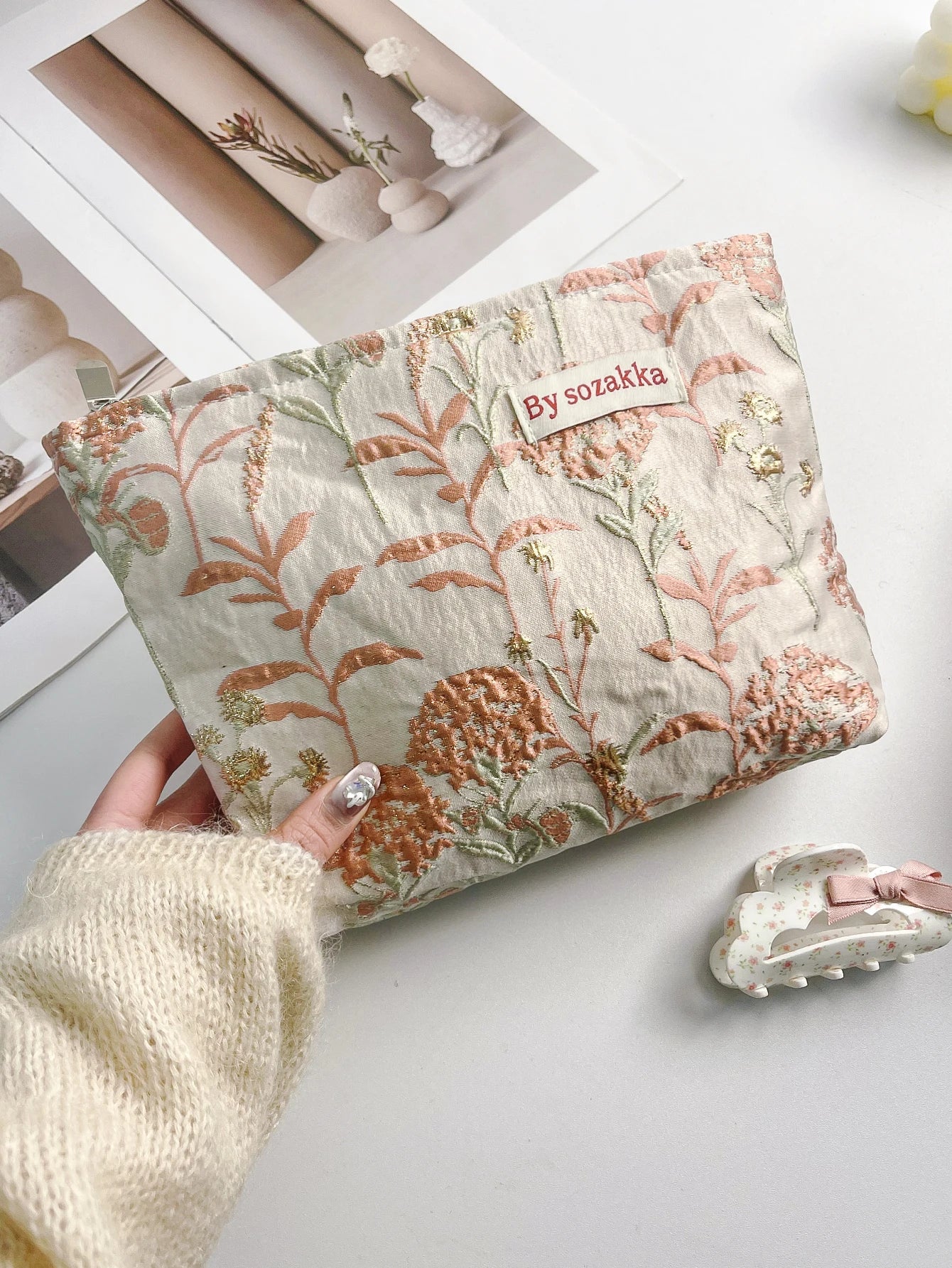 1pc/set jacquard makeup bag, cute floral makeup  bag, holiday gift clutch makeup bag, makeup storage bag
