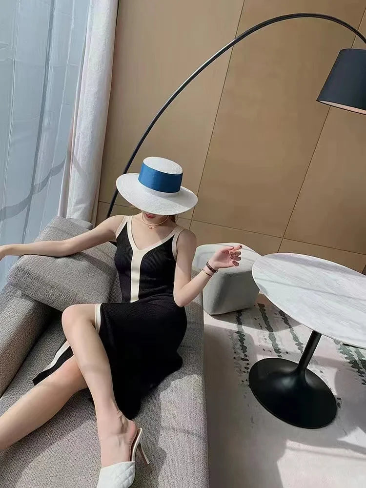 Fashion Women V-neck Maxi Dress Sexy Sling Sleeveless Dresses Knitted Long Dress Women Sweater Female