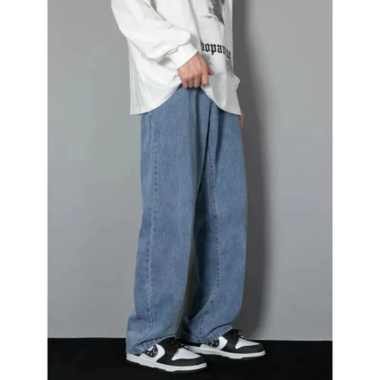New Men's Fashion Jeans Korean Style Solid Color Loose Straight Wide Leg Casual Denim Long Pants  Jeans for Men Black Jeans Male