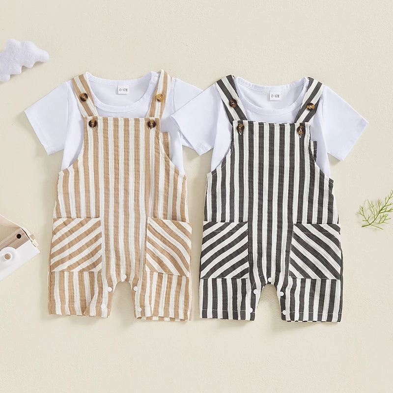 Toddler Boy s Summer Set Short Sleeve Crew Neck Tee with Striped Overall Shorts Cute Baby Boy Outfit for Warm Weather