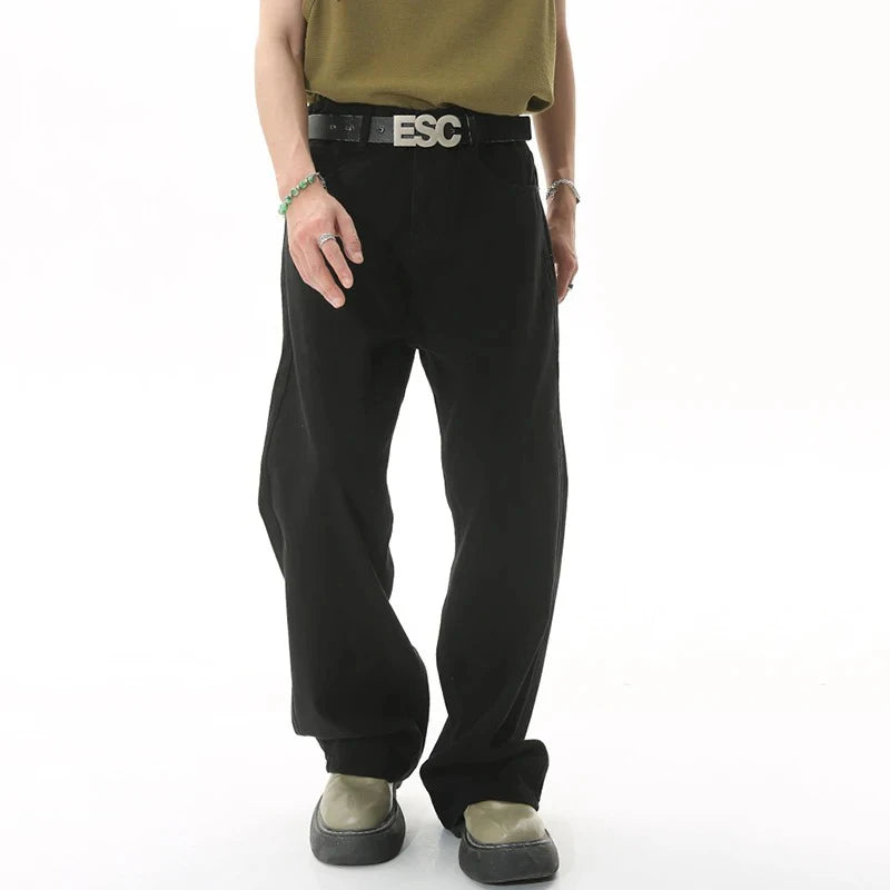 2024 Men Popular High Waist Straight Leg Jeans Male Simple Draping Wide Leg Denim Pants Brand Green Coffee Street Denim Trousers