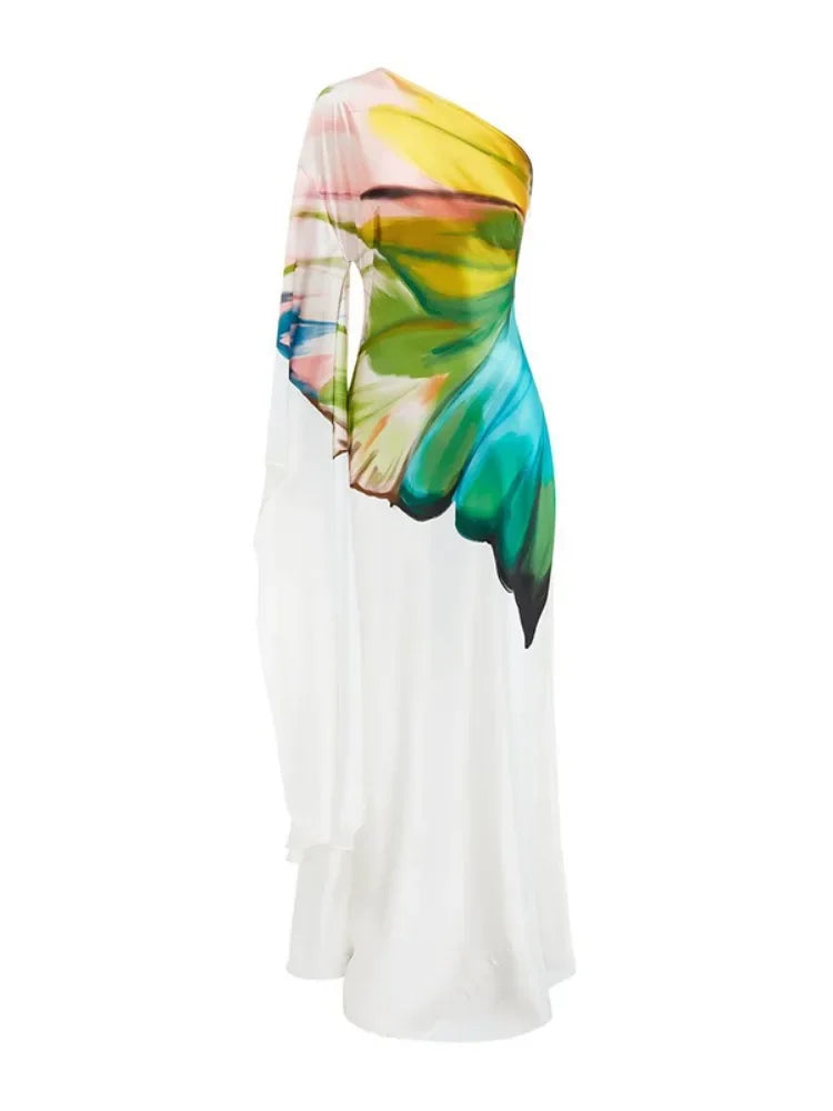 Gymystars Women's Printed Elegant Evening Dress One-shoulder Asymmetric High Waist Pleated Vintage Female Slim Long Dress