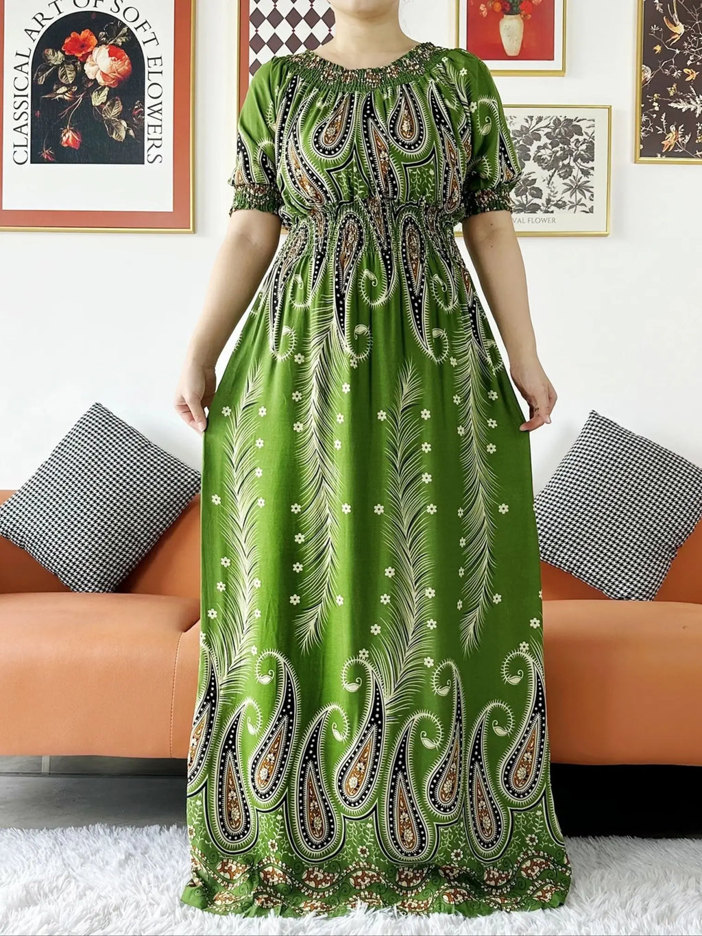 Women Party Dress Muslim Summer Short Sleeve Long Dress Collect Waist Floral Boubou Maxi Islam Women Dress African Abaya Clothes