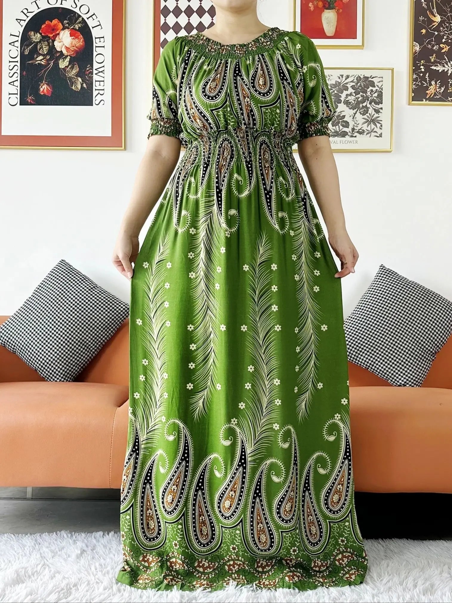 Women Party Dress Muslim Summer Short Sleeve Long Dress Collect Waist Floral Boubou Maxi Islam Women Dress African Abaya Clothes