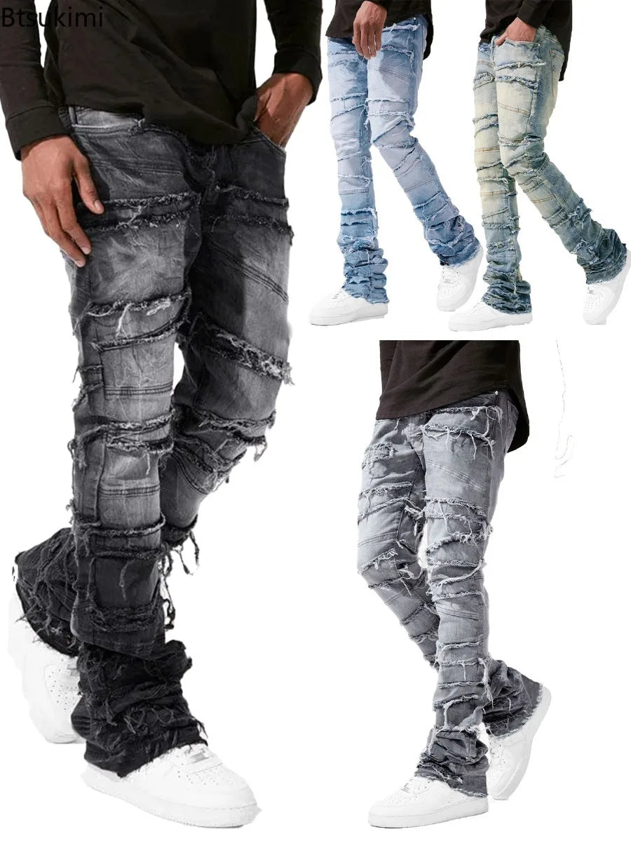 New Men's Patchwork Denim Pants Stacked Jeans Ripped Washed Frayed Pants Vintage Street Style Slim Fit Straight Trousers for Men