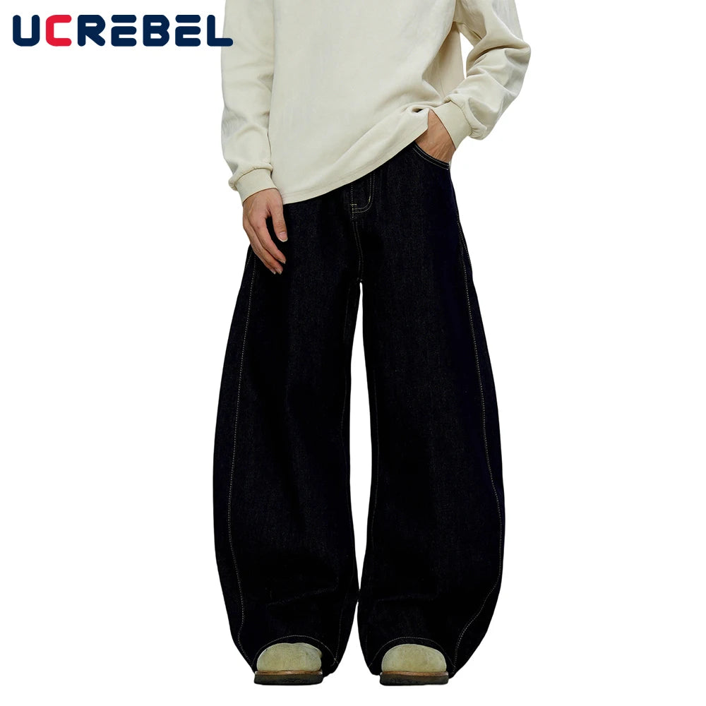 Washed Dark Jeans Men Top Stitch Retro High Street Loose Wide leg Scimitar Denim Pants Men Trousers