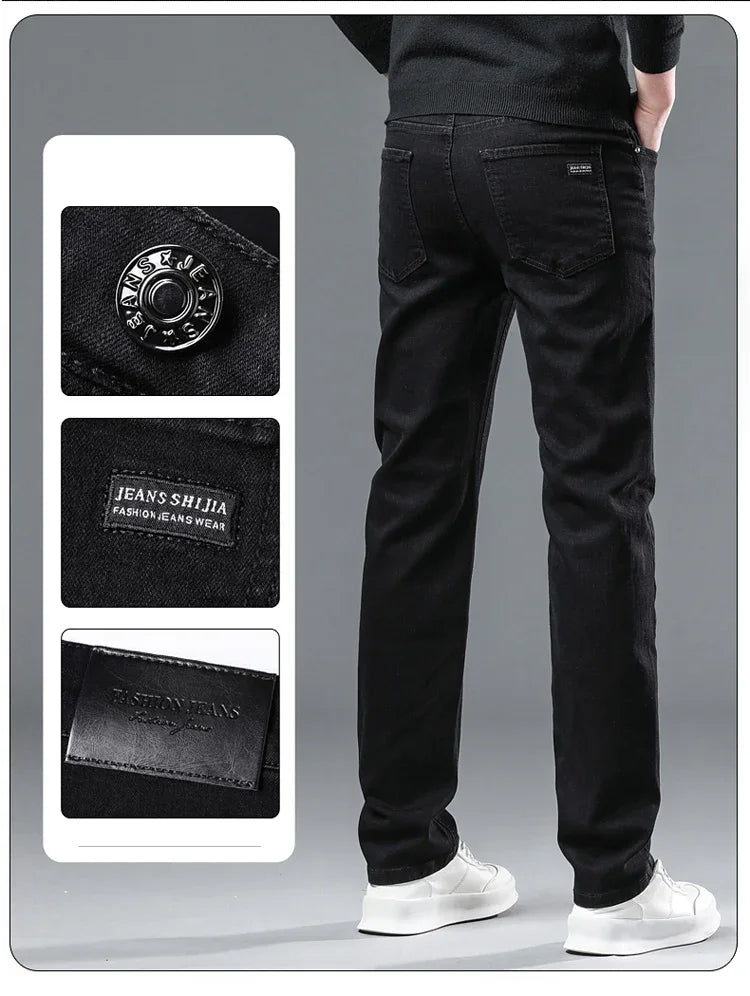2025 Spring New Men's Straight Jeans Elastic Pant Classic Smoke Gray Casual Wear Mid Waist Casual Trousers Black Male Brand