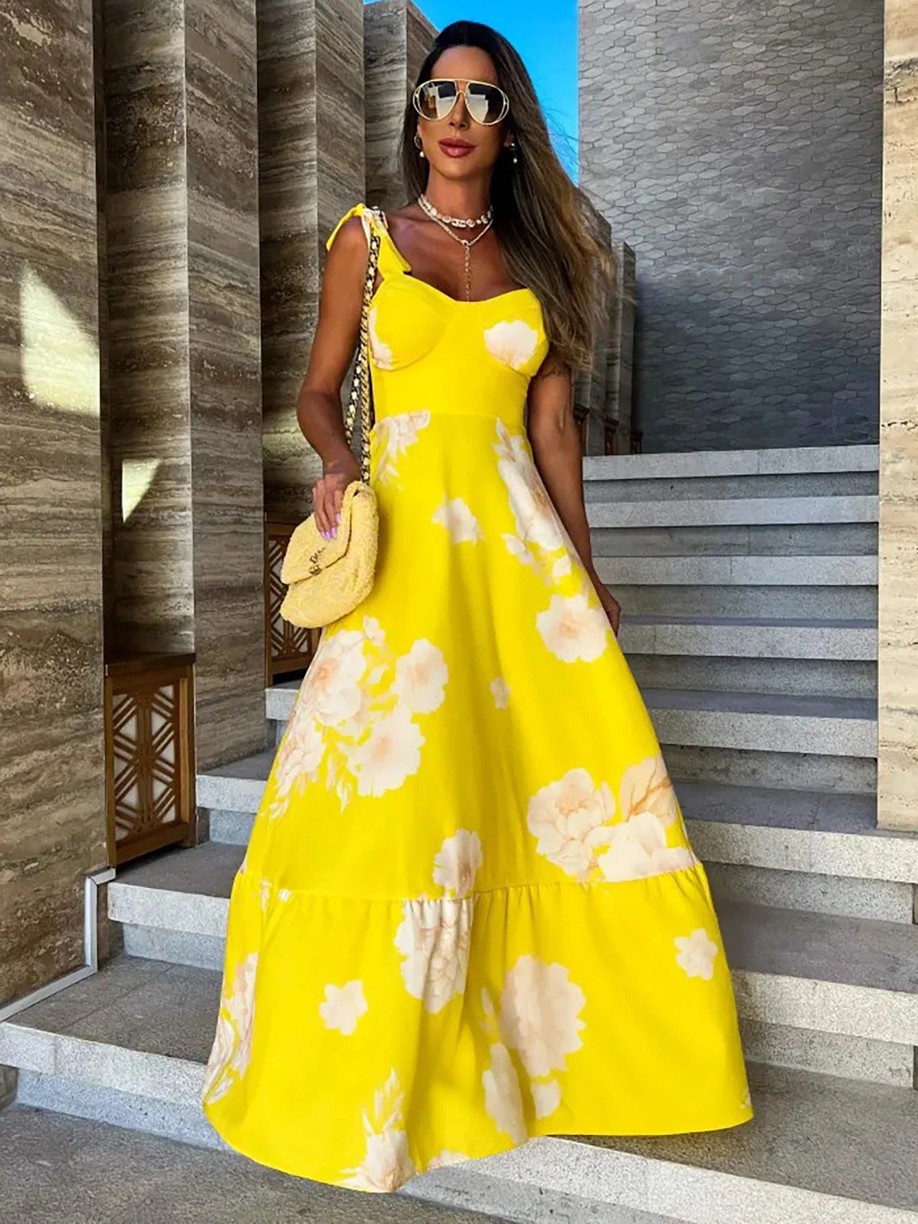 2024 Summer Print Long Dress Women Clothing Lace Up Sling Party Dresses Pattern Strappy Ladies Hollow Out V-Neck Beach Vestidos