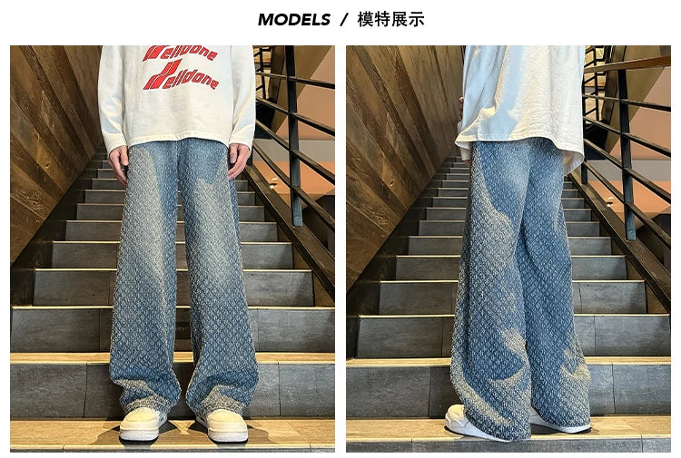 2024 Jeans men Fashion hombre Jacquard Pattern Denim Pants Male Straight Fitting Baggy Bottoms Distressed Wide Jeans For Men