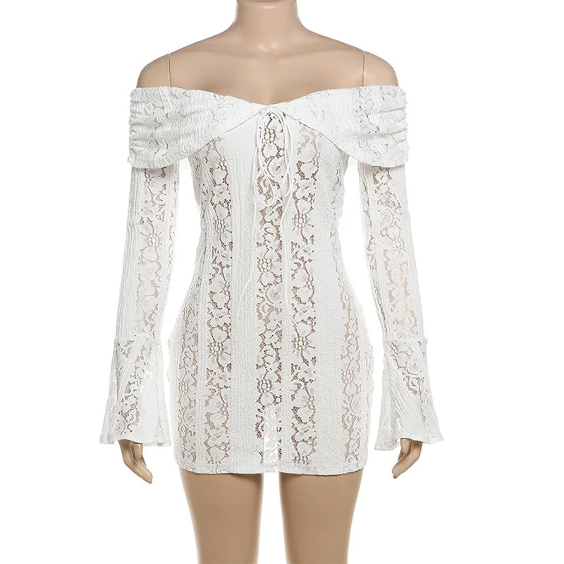 Sexy Women Hollow Out Slash Neck Lace Flared Sleeve Long Dress Elegant Laced Up Slim Fit Robes New Lady Evening Party Vestidos