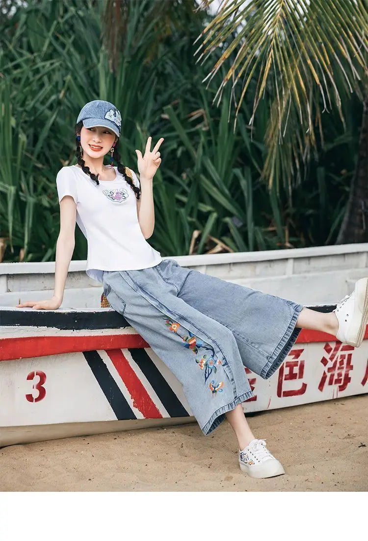 Jeans for Women Capris Embroidered Summer Elastic Waist Wide Leg Pants High Korean Women's Vintage Baggy Denim Popular Clothes