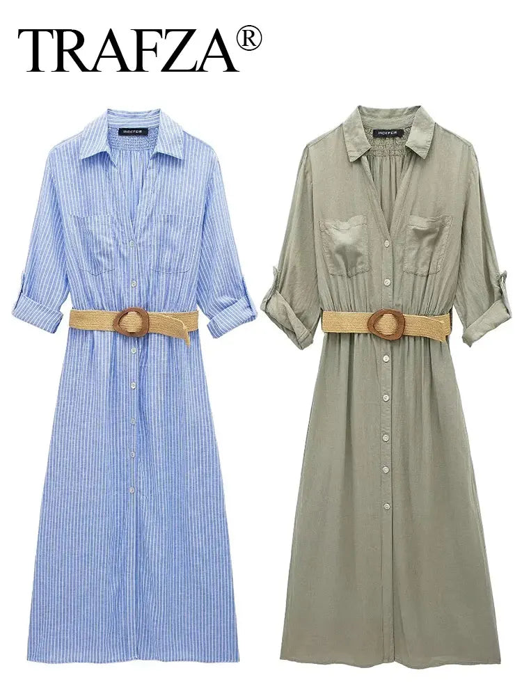 TRAFZA 2024 Striped Shirt Dress Women Belt Pleated Midi Dresses for Women Turn Up Sleeve Beach Women Summer Long Dress Vestidos