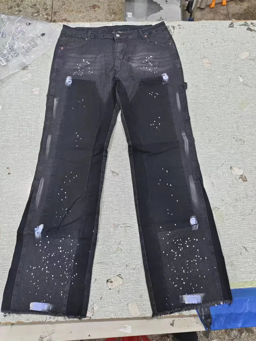 Pantalons de travail en jean pour hommes, vêtements de travail européens et américains, pantalons évasés en denim patchwork élastique superposé, tailles S à XXL