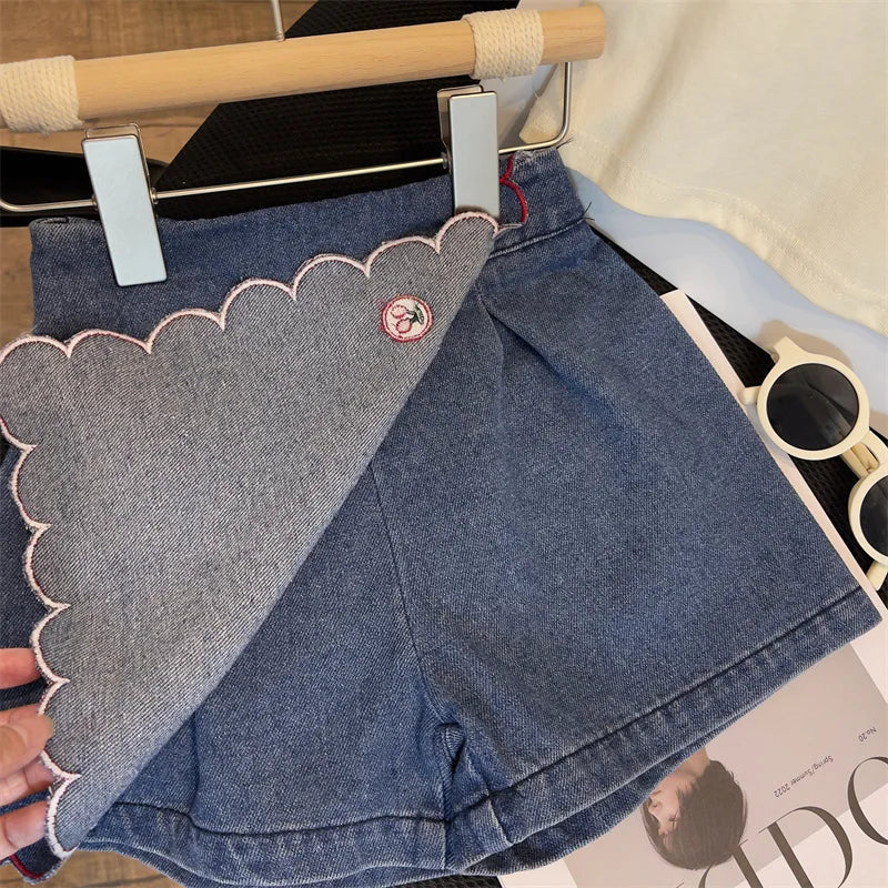 Children's Clothing Sets Lapel Sleeveless Top + Flip Cherry Embroidered Denim Shorts 2pcs Girls Clothes Set 2 To 7 Years