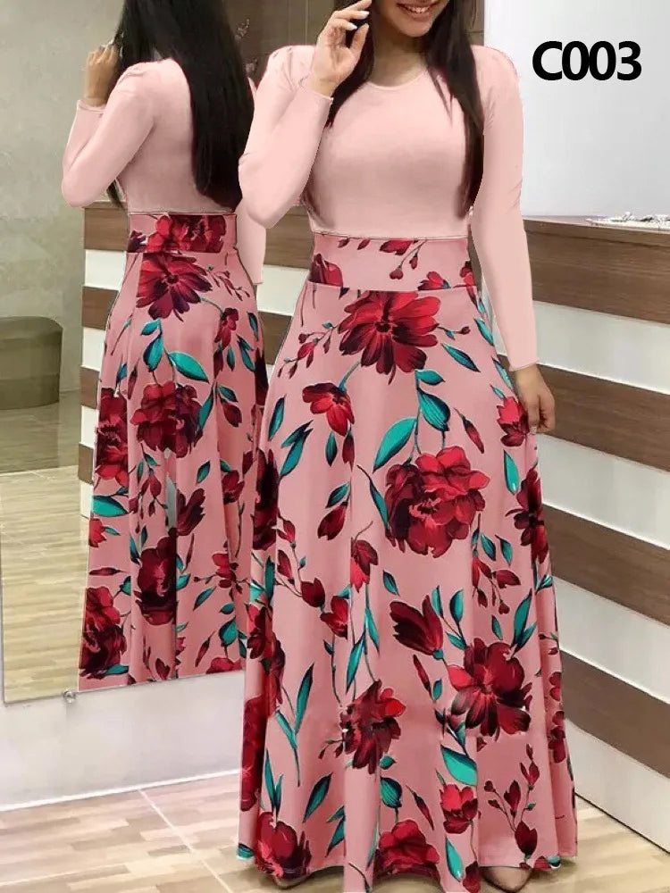 Elegant Women's Long Dress Flower Retro Printed Patchwork Long Sleeve Banquet Maxi Robe S-5XL
