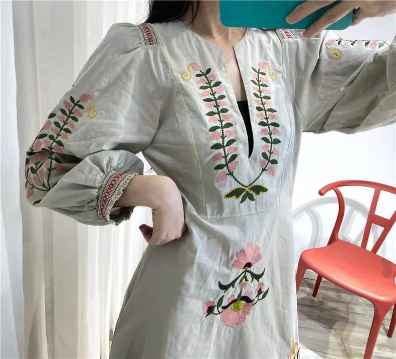 RARF 2024 New positioning heavy industry embroidery craft V-neck long dress Bohemian holiday style