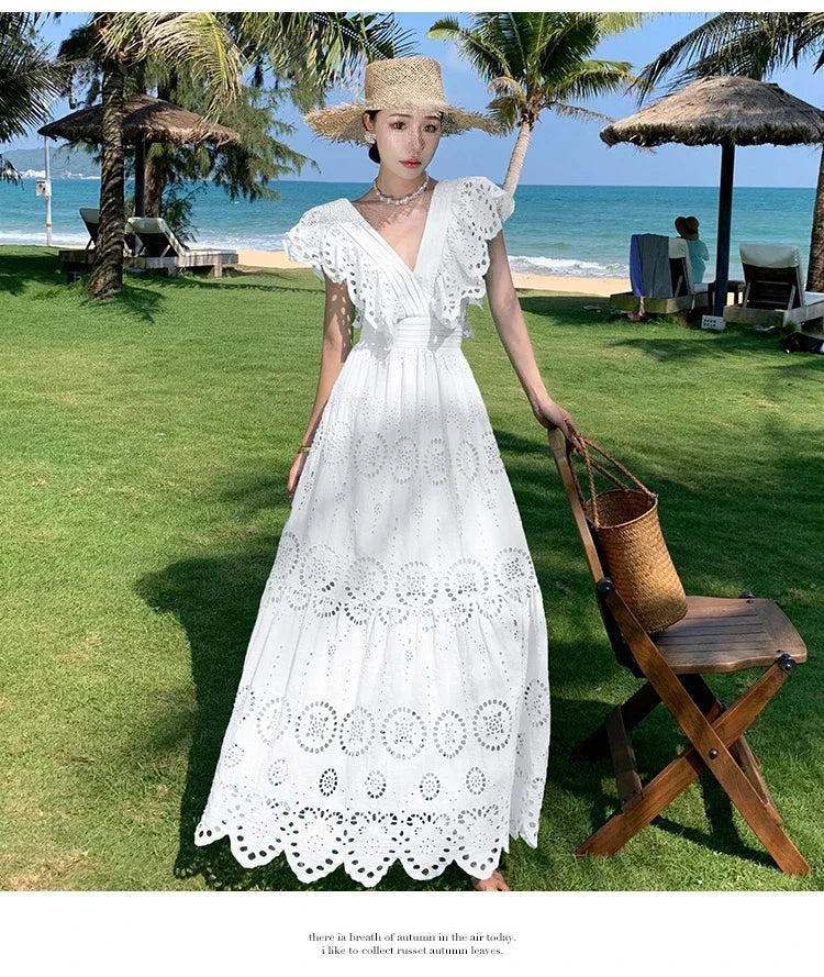 SMTHMA High Quality Hollow Out Embroidery Long Dress Women Sexy Deep V-Neck Ruffle Elegant Summer Dresses Female Clothing
