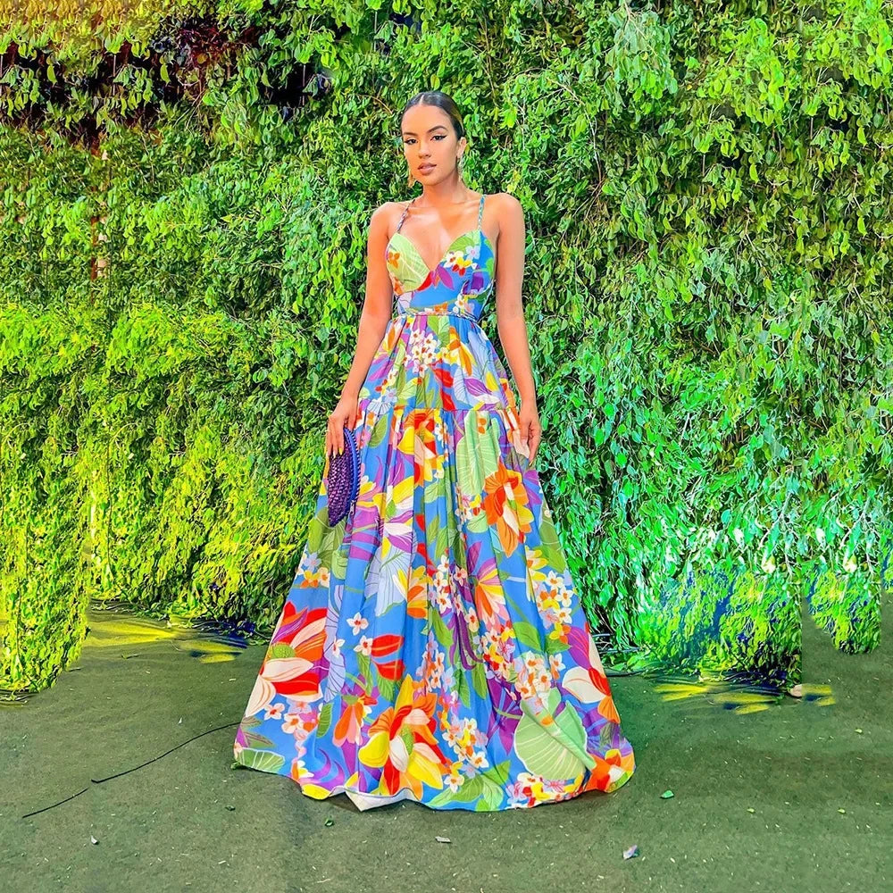 2024 New Summer Women's Clothing European American Style Off-the-shoulder Printed Dresses Oversized Tank Long Skirts