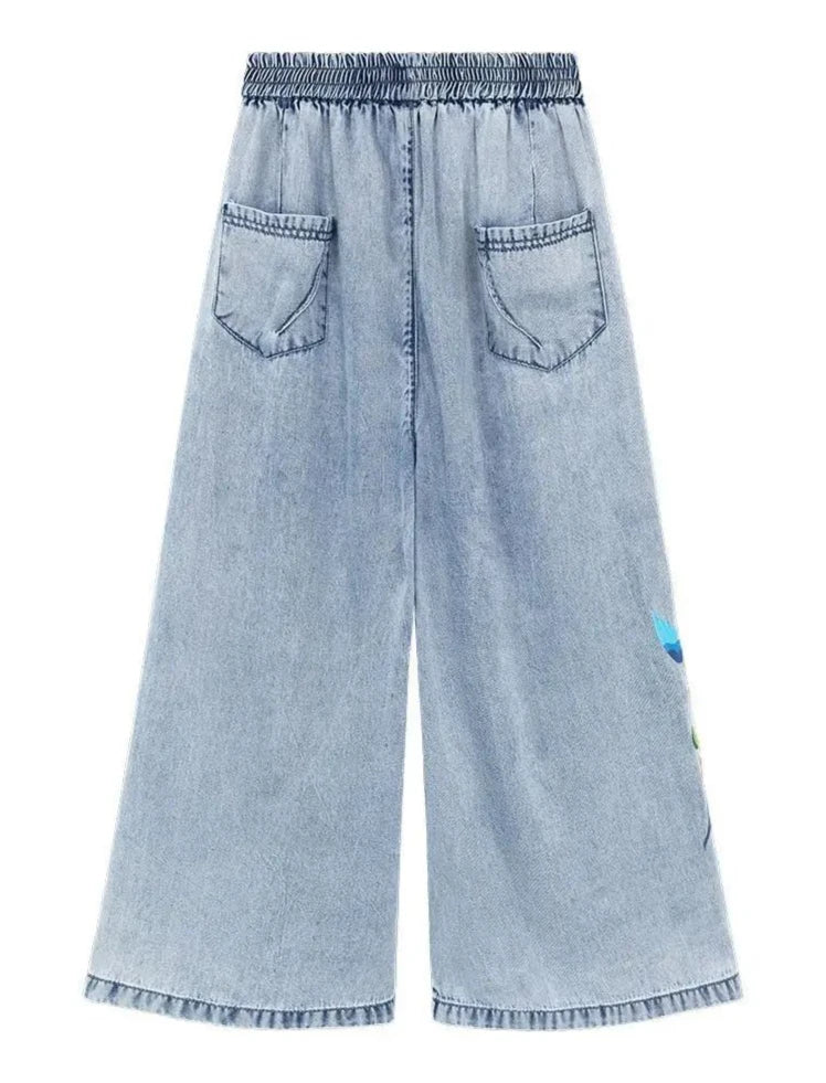 Jeans for Women Capris Embroidered Summer Elastic Waist Wide Leg Pants High Korean Women's Vintage Baggy Denim Popular Clothes