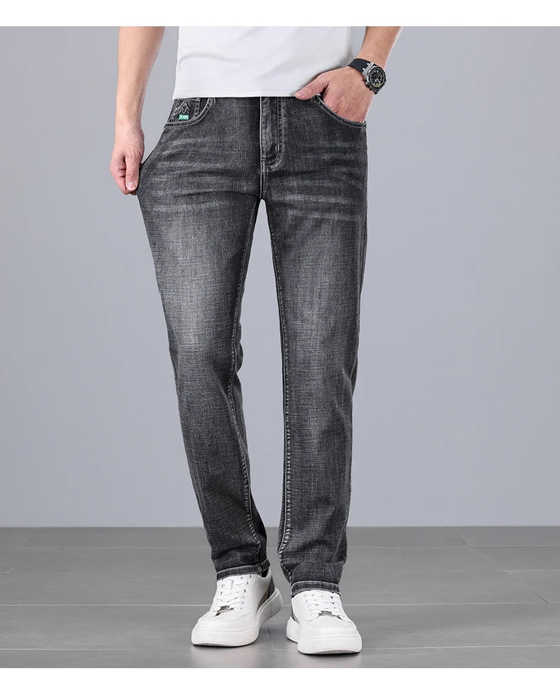 Men's Ultra-thin Stretch Casual Jeans New for Summer Business Fashion Straight Baggy Denim Trousers Blue Classic Style Male