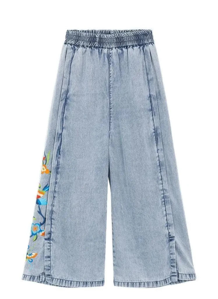 Jeans for Women Capris Embroidered Summer Elastic Waist Wide Leg Pants High Korean Women's Vintage Baggy Denim Popular Clothes