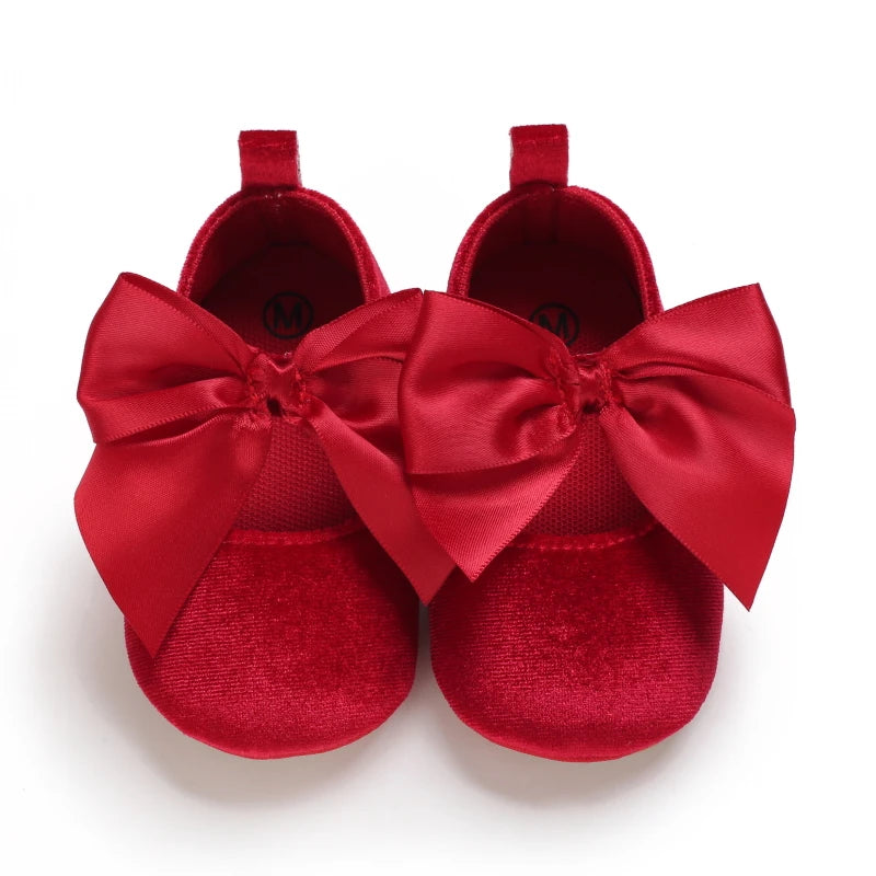 Spring and Autumn Newborn Flannelette Princess Shoes Baby Girls Bow Flat Shoes Toddler Baby Soft Rubber Sole First Walking Shoes