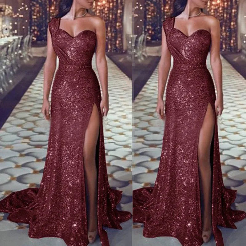 Explosive European and American women's sexy one-shoulder sleeveless gold hot dress slit long dress
