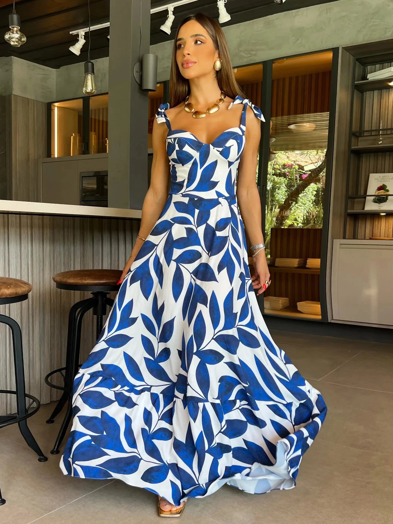 2024 Summer Print Long Dress Women Clothing Lace Up Sling Party Dresses Pattern Strappy Ladies Hollow Out V-Neck Beach Vestidos