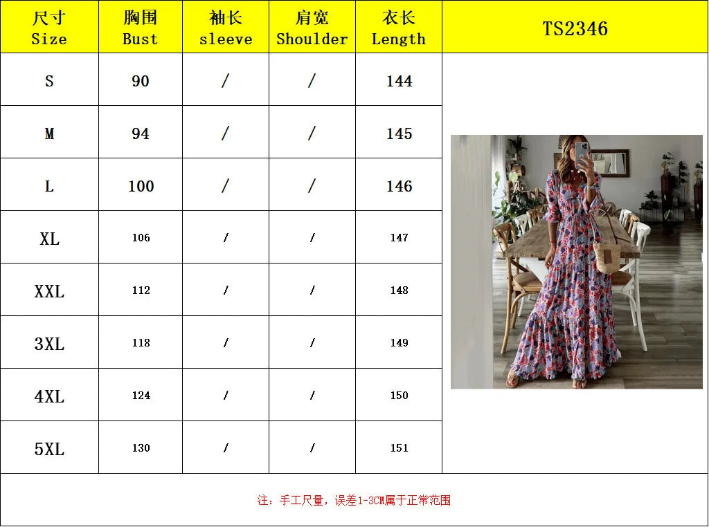 Women's Clothing Temperament Vacation Sexy V-neck Fashionable Printed Lace Up Seven Quarter Sleeve Large Swing Long Dress