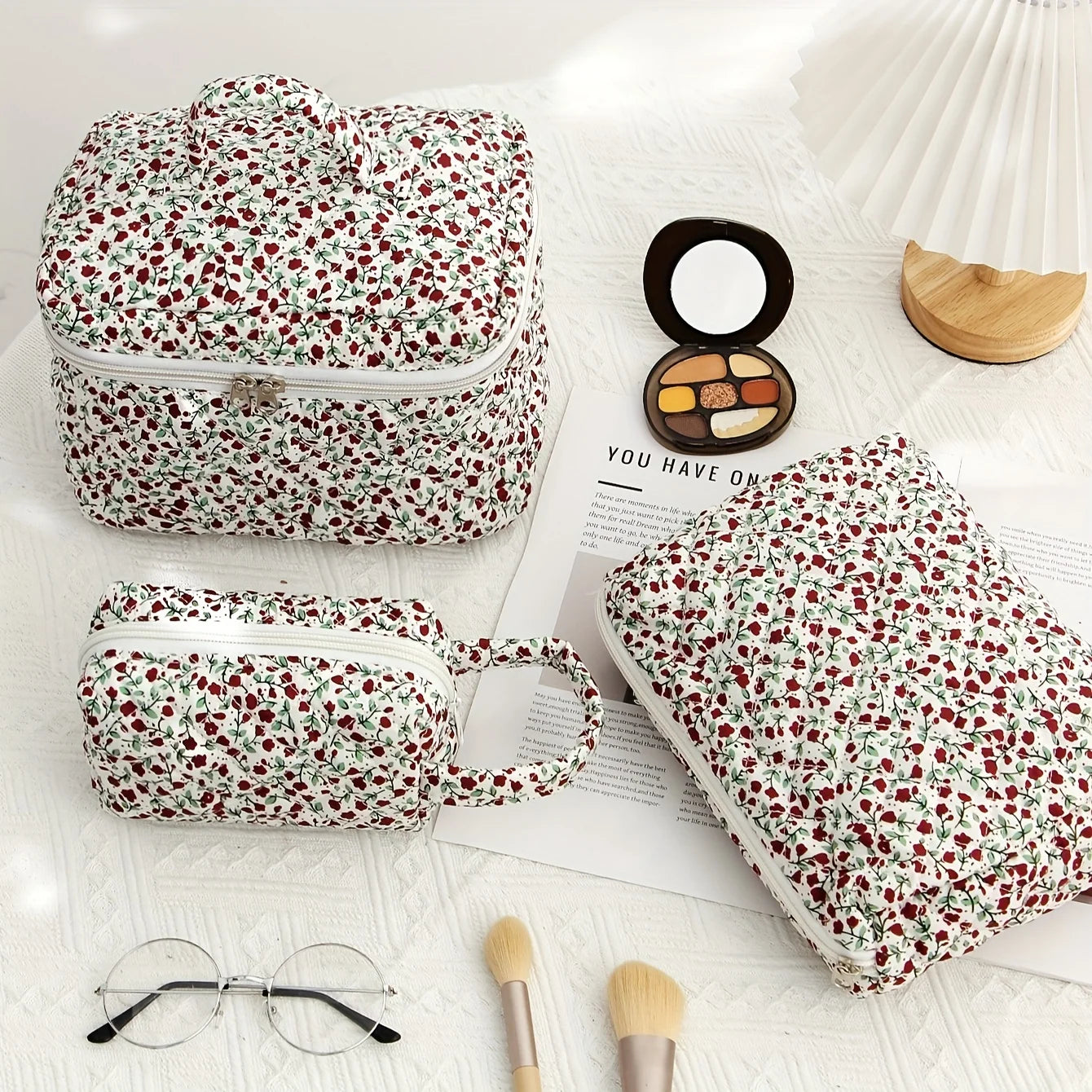 3 Pcs Cotton Quilted Makeup Bag Set,Floral Makeup Bag, Travel Makeup Bag,Large Toiletry Cosmetic Bag Makeup Bag Organizer