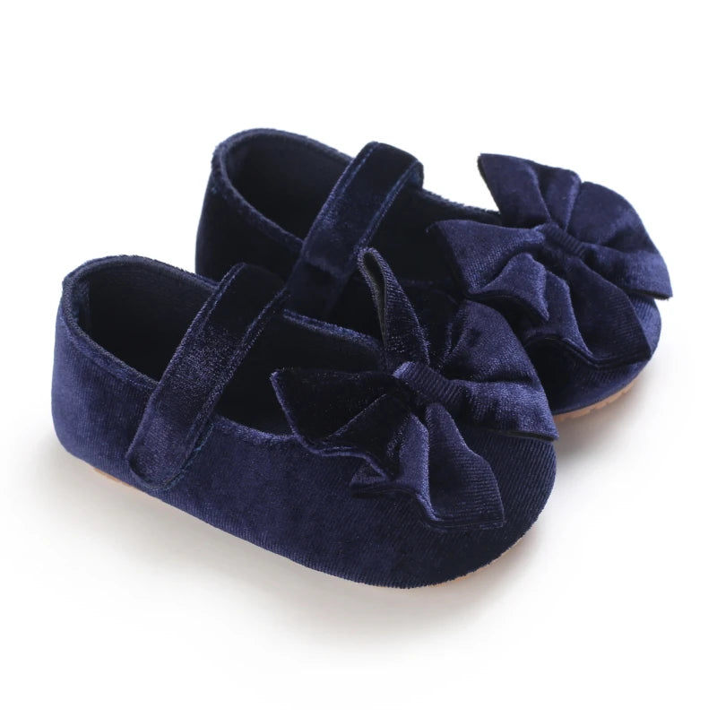 Spring and Autumn Newborn Flannelette Princess Shoes Baby Girls Bow Flat Shoes Toddler Baby Soft Rubber Sole First Walking Shoes