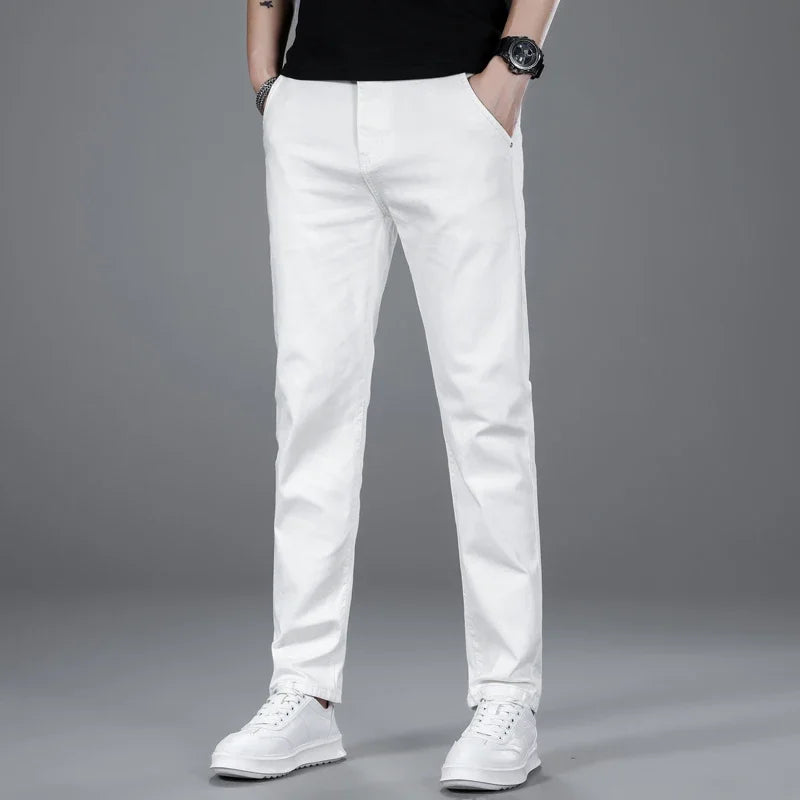 New Men's Fashion Classic Style Versatile Slim Jeans White Stretch Straight Soft Casual Denim Trousers Brand Clothing Male