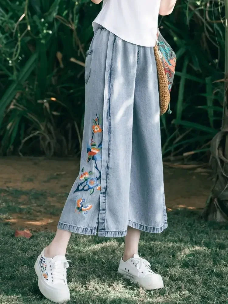 Jeans for Women Capris Embroidered Summer Elastic Waist Wide Leg Pants High Korean Women's Vintage Baggy Denim Popular Clothes