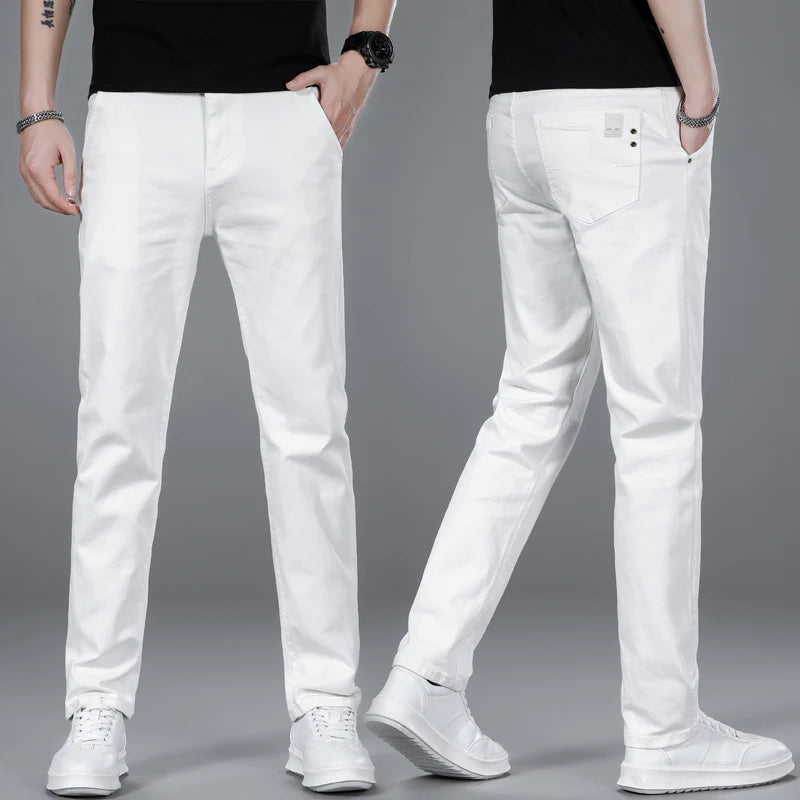 New Men's Fashion Classic Style Versatile Slim Jeans White Stretch Straight Soft Casual Denim Trousers Brand Clothing Male