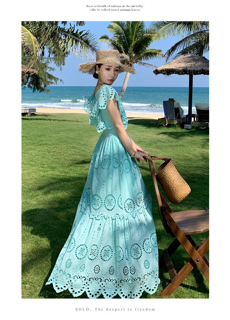 SMTHMA High Quality Hollow Out Embroidery Long Dress Women Sexy Deep V-Neck Ruffle Elegant Summer Dresses Female Clothing