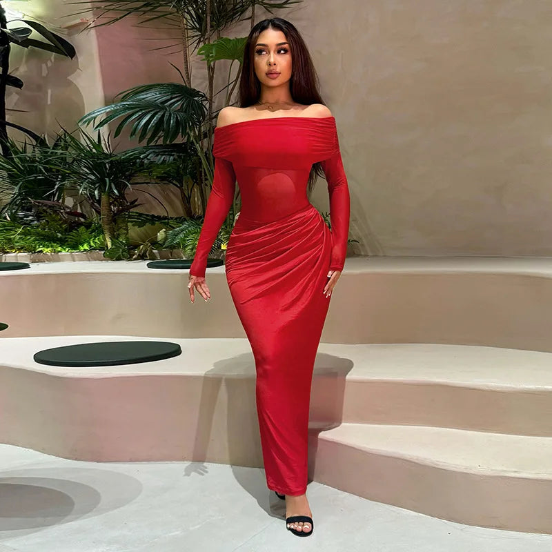 Tuularose Sexy Mesh Hollow Long Dress Women's Sexy One Shoulder Long Sleeve Patchwork Resort Dress Summer Party Evening Dress