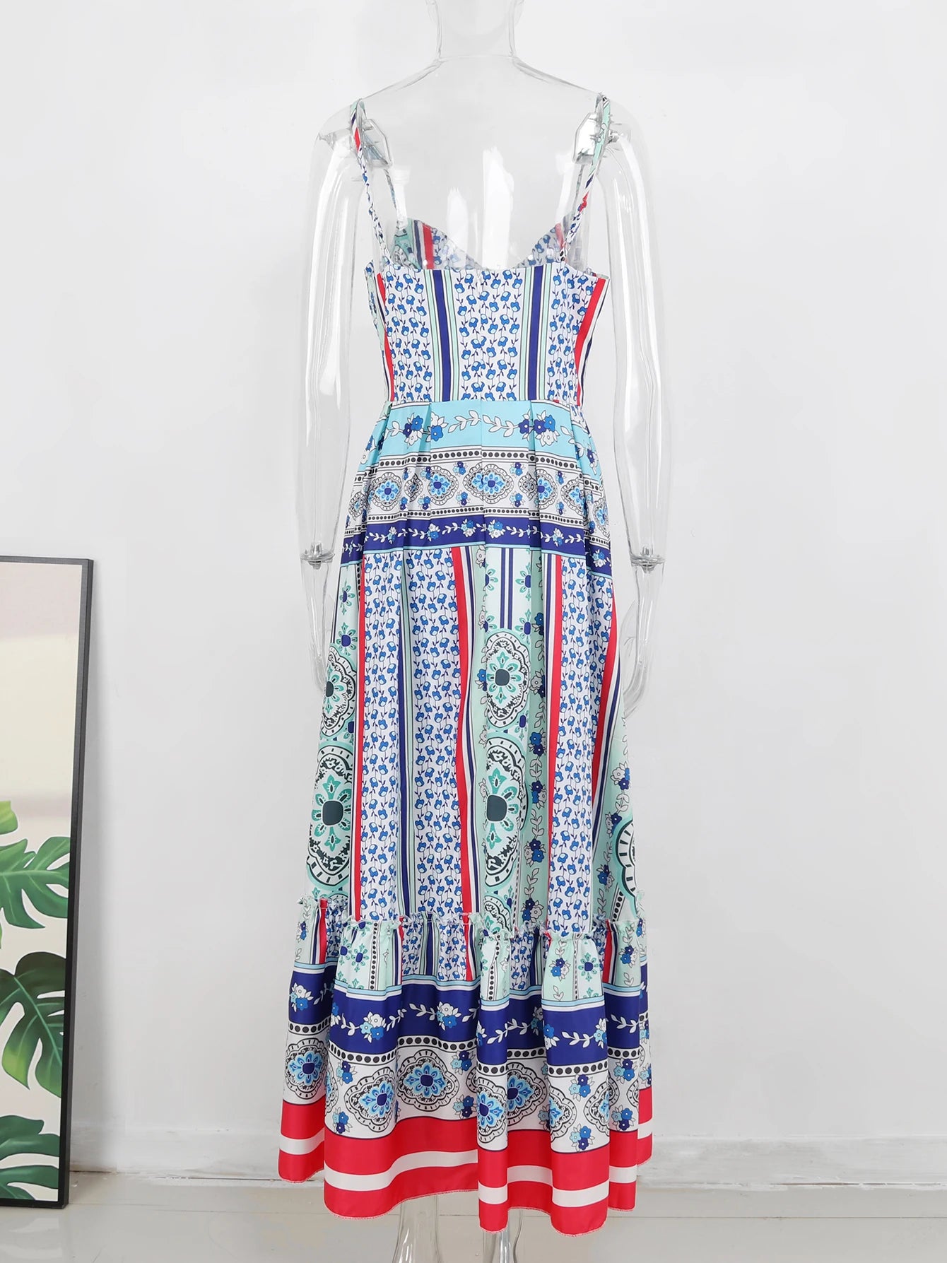 2024 Summer Print Long Dress Women Clothing Lace Up Sling Party Dresses Pattern Strappy Ladies Hollow Out V-Neck Beach Vestidos