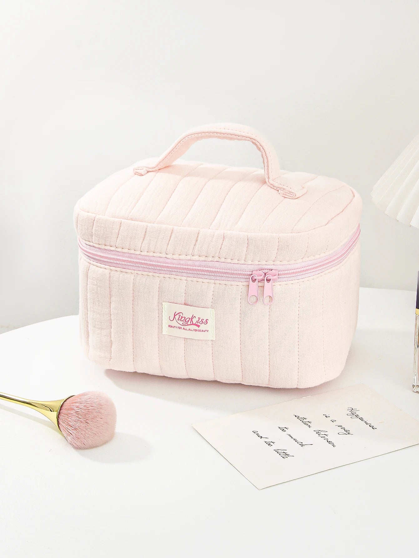 1pc/set pink quilted makeup bag, multifunctional makeup bag, handheld makeup bag, portable makeup bag set with zipper