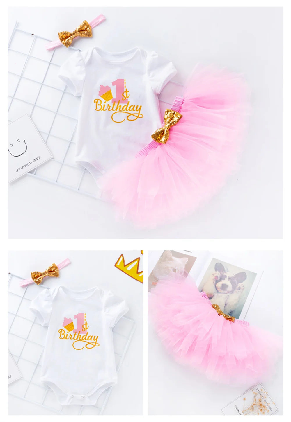 Baby Girl First 1st Birthday Party Dress Cute Christening Outfits One Year Baby Girl Bodysuit and Tutu Dress Newborn Set